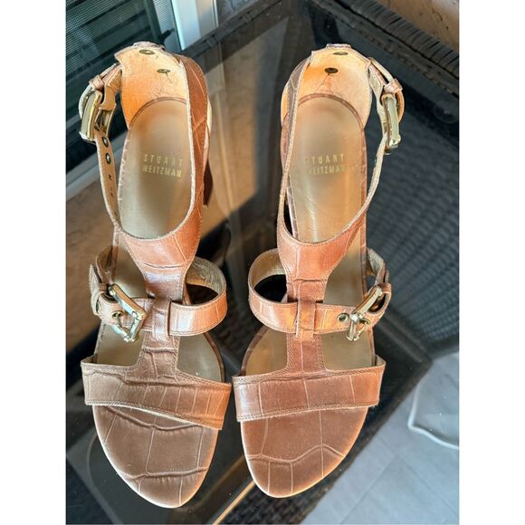 Stuart Weitzman Strappy Sandals‎ Heel Womens 8.5M Beige Croc Embossed Leather - Picture 6 of 10